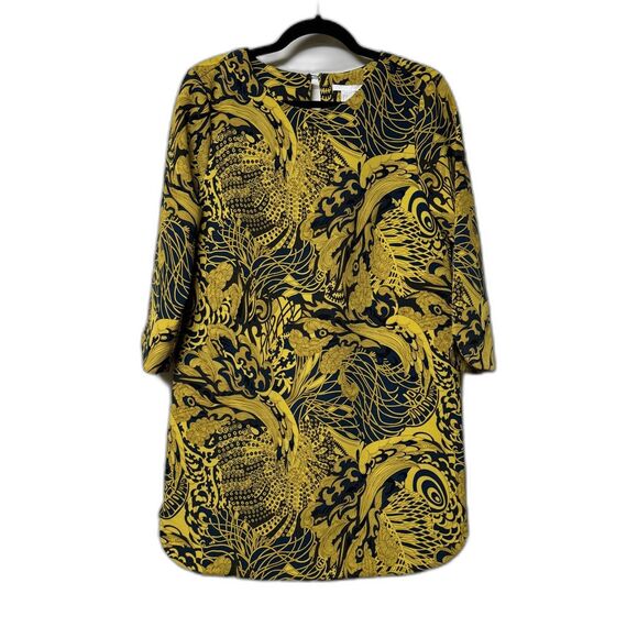 H & M Mustard Yellow/Peacock Blue 3/4 Sleeve Abstract Print Dress, Sz 8 - Picture 1 of 9